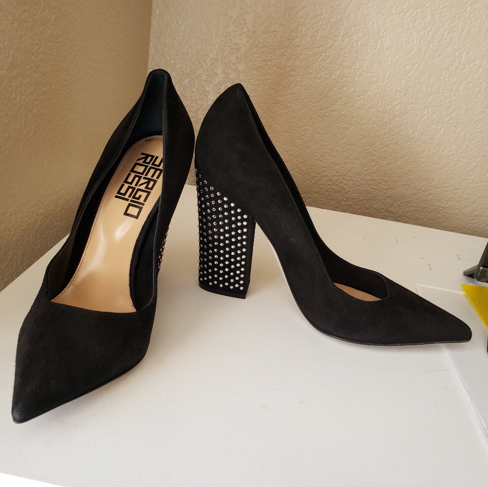 Sergio Rossi Elegant Pumps Pointed Toe Block Crystal Heel Size EU 40 US 9.5